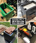 3 Point Green Ballast Box For Cat 1 Tractors 800 Lb Capacity 39.5 Gal Tank with tools and bricks, showing 5.3 Cu Ft Storage.
