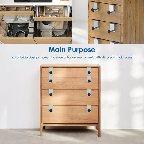 2 Pack Drawer Front Installation Clamps Zinc Drawer Fixing Clips Adjustable Heavy Duty Cabinet and Furniture Jig for Cabinets Desks Tables and Carpentry Projects in use on wooden cabinet.