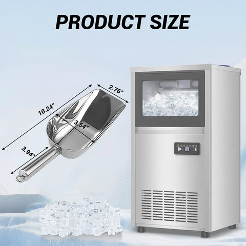 Heavy Duty Bpa Free Ice Scoop For Countertop And Under Counter Ice Makers With Easy Grip Handle and Hygienic Food Grade Design, showing size next to ice machine.