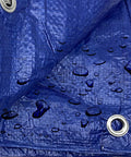 Close-up of Heavy Duty 50X50 Foot Waterproof Tarpaulin Tarp Cover 5 Mil Thick Blue with aluminum grommets and water droplets.
