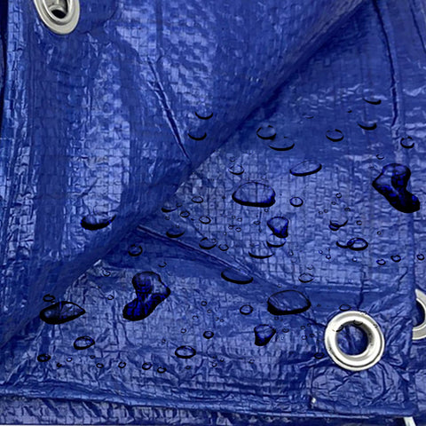 Close-up of Heavy Duty 50X50 Foot Waterproof Tarpaulin Tarp Cover 5 Mil Thick Blue with aluminum grommets and water droplets.