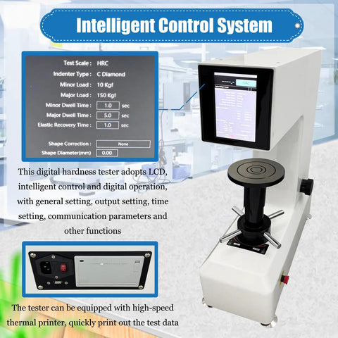 Kickass Digital Rockwell Hardness Tester With Slick Touchscreen Display And Pro Level Precision For Steel Plus Heat Treated Metals Easy AC110V Power showcasing an LCD control panel.