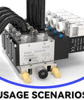 Pneumatic manifold with multiple 6mm fittings and M10 thread connections, suitable for air lines and 3D printer tubing.