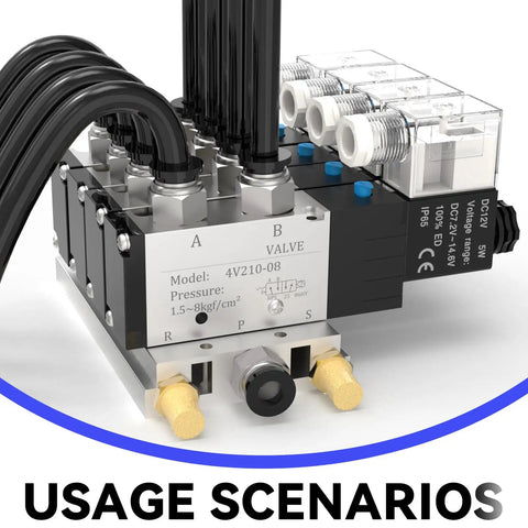 Pneumatic manifold with multiple 6mm fittings and M10 thread connections, suitable for air lines and 3D printer tubing.