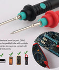 Pro Grade Digital Multimeter Test Lead Kit With Alligator Clips, Replaceable Probes, 16 Piece Set, showing probes with circuit board.