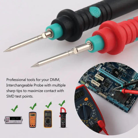 Pro Grade Digital Multimeter Test Lead Kit With Alligator Clips, Replaceable Probes, 16 Piece Set, showing probes with circuit board.