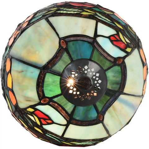 Top view of Rose Flower Tiffany Style Stained Glass Table Lamp With 8 Inch Wide Lampshade And 15 Inch Tall Red Finish, warm glow.