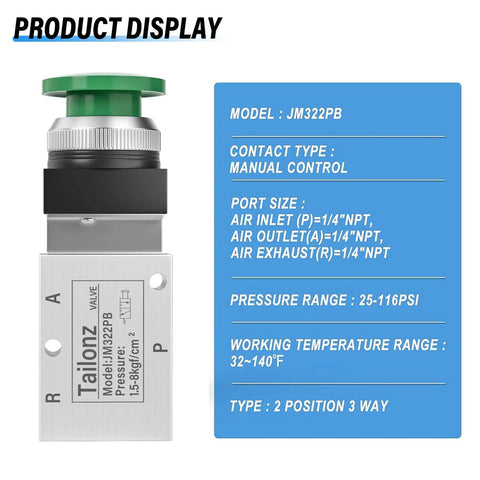 Diagram of Green Mushroom Push Button Pneumatic Valve With Manual Control, 3 Way 2 Position, 1/4 NPT Ports, 25-116 PSI