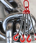 Heavy Duty G80 Manganese Steel Chain Lifting Slings With Four All Purpose Hooks Designed To Haul Massive Loads On Site, close-up of hooks and chain.