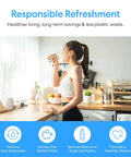 Woman drinking water in kitchen promoting responsible refreshment with eco-friendly message on reducing plastic waste.