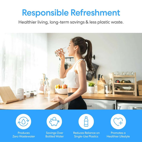 Woman drinking water in kitchen promoting responsible refreshment with eco-friendly message on reducing plastic waste.