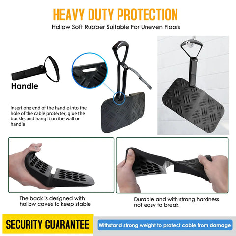 Heavy Duty EV Charger Cable Protector With Handle For Garage Door Gap, sloped rubber design for Tesla and J1772 chargers, shown in use.