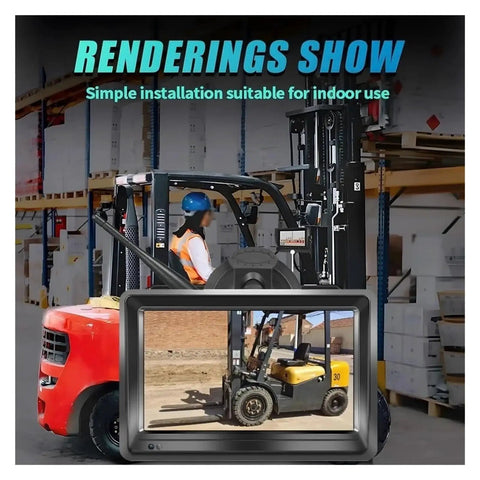 Badass Wireless Forklift Backup Camera Kit With No Sweat Setup And Five Inch Monitor showing indoor use and easy installation.