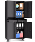 Beefy Heavy Duty Metal Storage Cabinet On Wheels With Locking Doors, Two Drawers, Adjustable Shelves, 73 Inch Tall Black Garage Organizer
