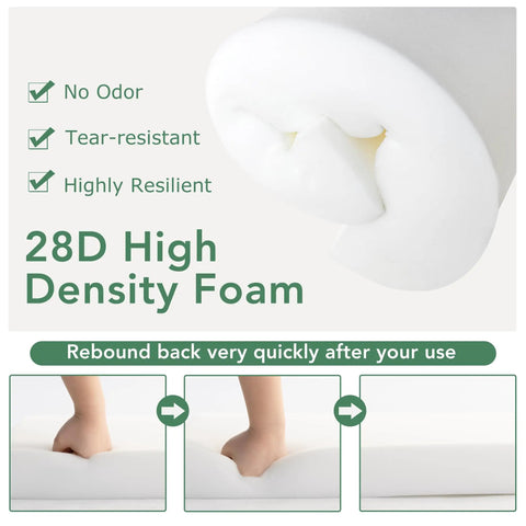 28D high density foam showcasing no odor, tear-resistant, highly resilient properties with hand demonstrating quick rebound.