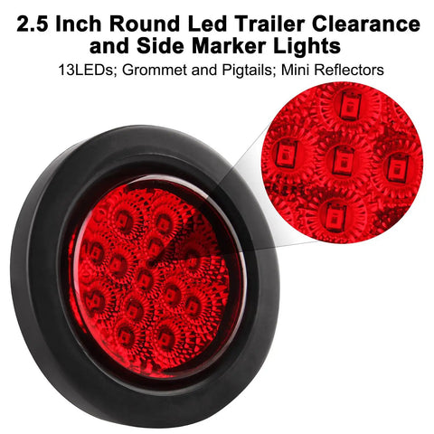 2.5 Inch Round LED Marker Lights Set Of 20 Amber And Red With 13 LEDs Each Reflectors Sealed Flush Mount Grommets And 2 Prong Wire Pigtails