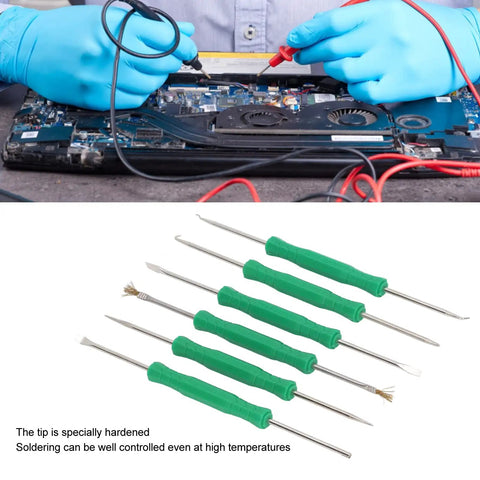 Six Piece Pro Grade Solder Helper Tool Set For Electronics Repair displayed with green handles and metal tips on a workbench.