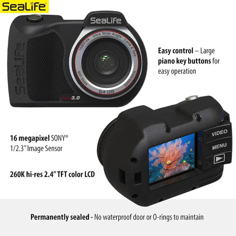 Micro 3.0 Pro 3000 Color Boost Underwater Camera showing front lens and rear TFT LCD display with coral image