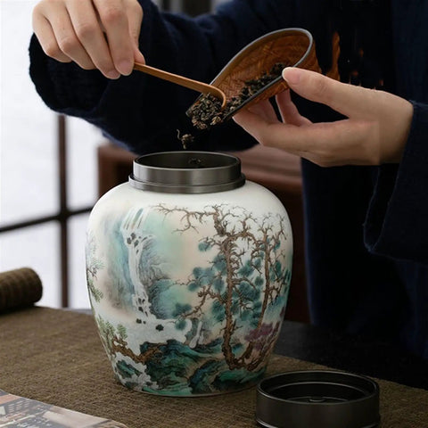 Large Ceramic Kitchen Storage Jars With Dual Sealed Alloy Lids Keep Your Tea Coffee Beans And Candy Stash Nice And Crisp In This Heavy Duty Pantry Setup that holds loose tea.