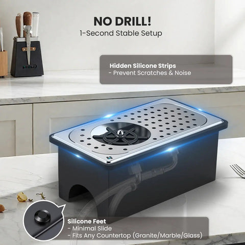Smooth Operator Pitcher Rinser With 360 Degree Rotating Nozzle for spotless mugs, featuring no drill installation and silicone feet.