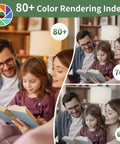 Family reading under Six Pack A19 LED Light Bulbs With E26 Base 60 Watt Equivalent Daylight 5000K, showcasing color rendering index