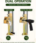 Top Rated Portable Manual Material Lift With Heavy Duty Winch And Adjustable Forks For Easy Warehousing Loading And Construction Lifting Jobs Today showing dual operation. Hand crank and electric drill options displayed.