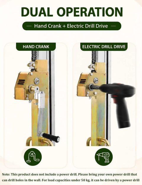 Top Rated Portable Manual Material Lift With Heavy Duty Winch And Adjustable Forks For Easy Warehousing Loading And Construction Lifting Jobs Today showing dual operation. Hand crank and electric drill options displayed.