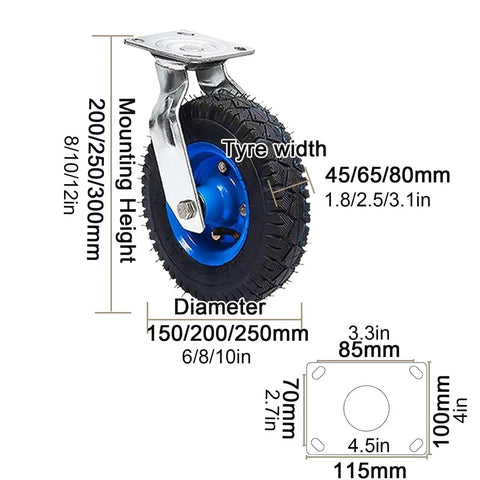 Beefy Heavy Duty Swivel Plate Caster Wheels With Brakes for Furniture; detailed view with measurements including diameter and height.