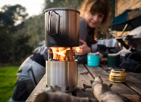 900 Series Backpacking Pot Lightweight Stainless Steel Camping Pot with Pour Spout heating on outdoor stove