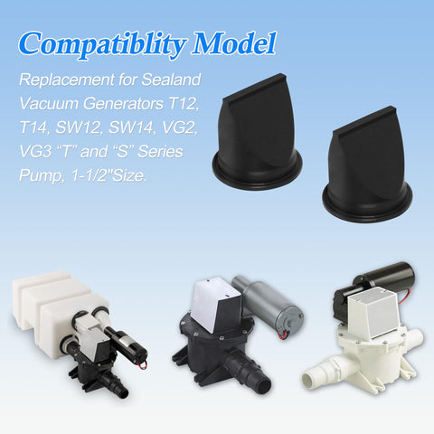 4 Pack 1.5 Inch Duckbill Valve Kit Replacement For Sealand Vacuum Generators T12 T14 SW12 SW14 VG2 VG3 And S Series Pumps Great Odor Control For RVs And Boats, showing valves and compatible models.