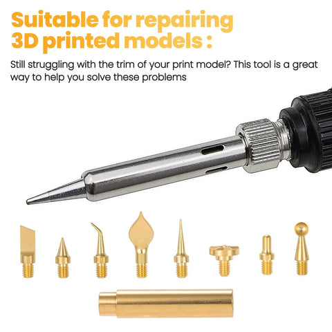 Eight Piece Copper 3D Printer Smoothing Tool Kit With Gold Tips And Connector Pro Grade Finishing Set For Precise Smooth Surfaces On PLA And ABS Rust Resistant High Conductivity Tools In Eight Styles shown with gold tips and connector.