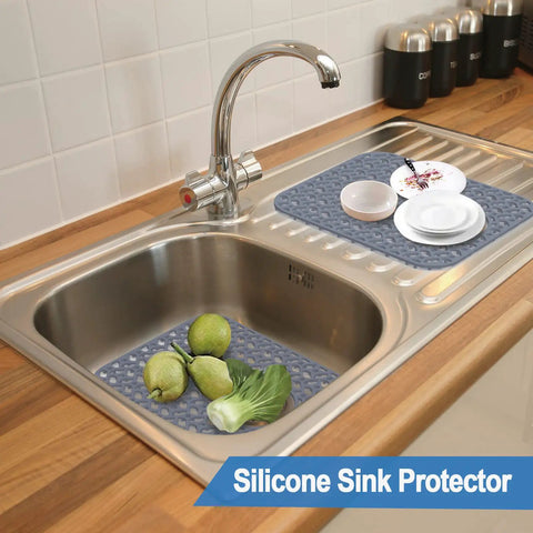 Two Pack Silicone Sink Protector Mats For Kitchen Sinks No Slip Scratch Resistant Grid Mats For Rear Drain Gray 13.58 X 11.6 Inches Keeps Counters Safe And Scratch Free shown on a kitchen sink