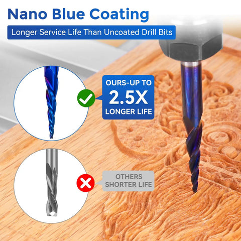 4 Piece Ball Nose Router Bit Set With One Quarter Inch Shank And Three Inch Overall Length Nano Blue Coated Spiral Bits For One Quarter Inch, One Eighth Inch, One Sixteenth Inch, One Thirty Second Inch Cutting Diameters Pro Grade For 2D And 3D Carving showing improved lifespan