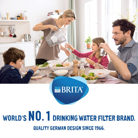 Family at dining table enjoying filtered water with Maxtra Plus Replacement Water Filter Cartridges For All Jugs Including PerfectFit Aluna Marella Six Count Pack With Micro Carbon Pearls Reducing Chlorine And Impurities And Ion Exchange Pearls Blocking Lead Copper And Limescale For Better Taste.