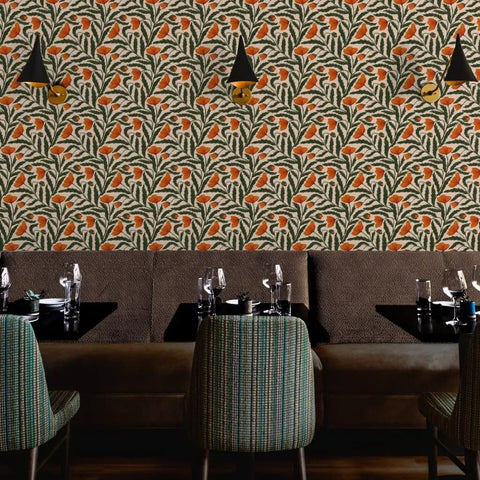 Botanical Chintz Vinyl Wallpaper Featuring Subtle Leather Texture Hella Durable Commercial Grade Wallcovering Custom Printed Just For You installed in a restaurant setting.