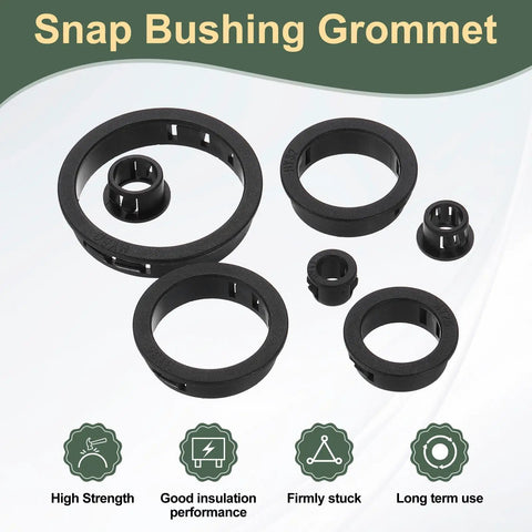 Round Cable Snap Bushing Grommets 30 Pack One And A Quarter Inch 32mm Black Heavy Duty Snap In Protectors displayed on white background