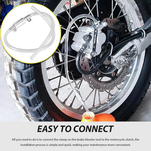 Brake Bleeder Hose Kit With One Way Valve And Clamps For Cars And Motorcycles in use on motorcycle wheel