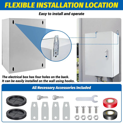 12 By 10 By 6 Inch Steel Electrical Junction Box NEMA 4X Indoor Outdoor Enclosure with accessories and wall mounting detail
