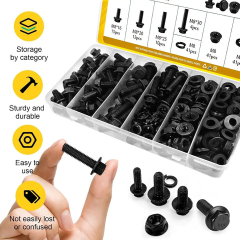 M8 Flange Hex Bolt Assortment Kit With Flat And Spring Washers And Hex Nuts, 164 Pc Metric Fastener Set in plastic case.