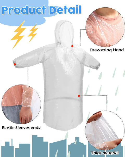 Clear 80 Pack Disposable Adult Rain Ponchos For Theme Parks And Outdoor Adventures Hooded Elastic Cuffs Waterproof