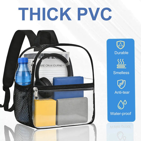 Clear Stadium Backpack 12x12x6 With Front Pocket For Concerts And Sports Games Gameday Ready Stadium Approved See Through Bag, side view with contents