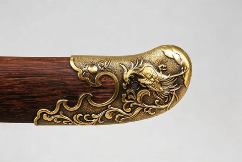 Folded Steel Dao Sword With Phoenix Motif, Handmade High Carbon Blade With 32,768 Layered Steel, gold phoenix detail on rosewood