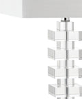 28 Inch Clear Geometric Stacked Crystal Table Lamp With White Linen Shade Modern Glam Bedside Light For Living Room Or Bedroom LED Bulb Included ETL Listed