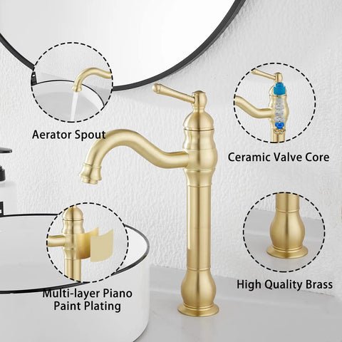 360 Degree Swivel Vessel Sink Faucet With One Hole Install, Brushed Gold Farmhouse Vanity Faucet showing components
