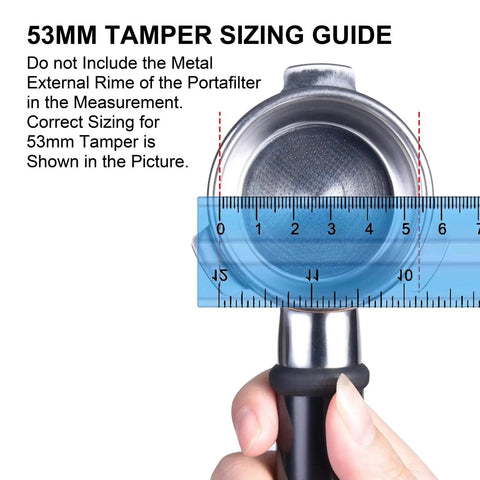 53mm Calibrated Espresso Tamper With Spring Loaded Wooden Handle And Stainless Steel Flat Base For Consistent Extraction, Pro Barista Quality, Ideal For Home Or Cafe Use, shown with sizing guide