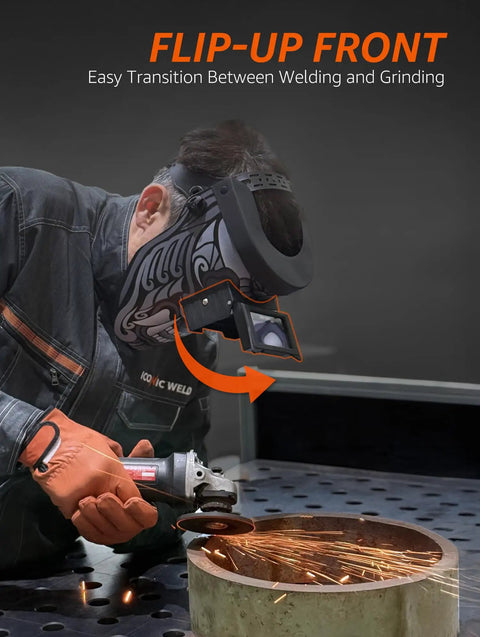 Person welding with auto darkening welding helmet with flip up lens, lightweight 12-13 oz comfort fit, shade 4/9-13, white safety gear.