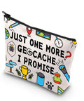 Just One More Geocache I Promise Makeup Bag for Geocachers with colorful outdoor-themed icons on a canvas pouch