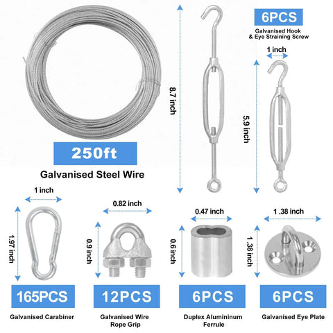 Heavy Duty Batting Cage Netting Wire Tension Kit For 55Ft Cages with 250ft Galvanized Wire, Hooks, Ferrules, Grips, Eye Plates