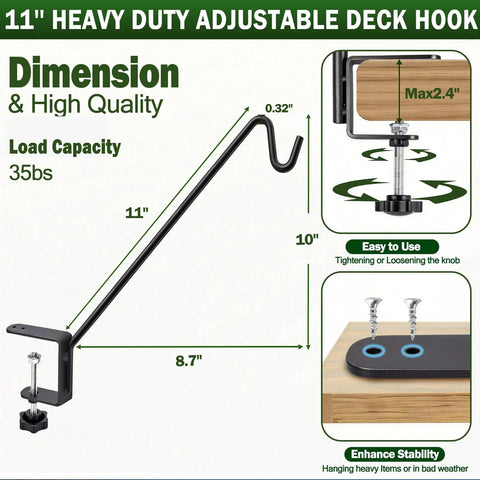 11 inch Badass Deck Railing Plant Hangers 2 Pack Workhorse solid core shepherd hooks with adjustable clamp for flower pots.