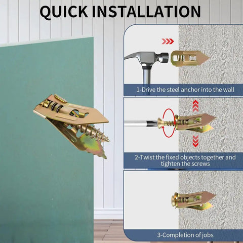 No Drill Drywall Anchors And Screws Kit Hangs Heavy Loads Up To Eighty Pounds Without Breaking A Sweat Fast Rock Solid Installation steps shown.